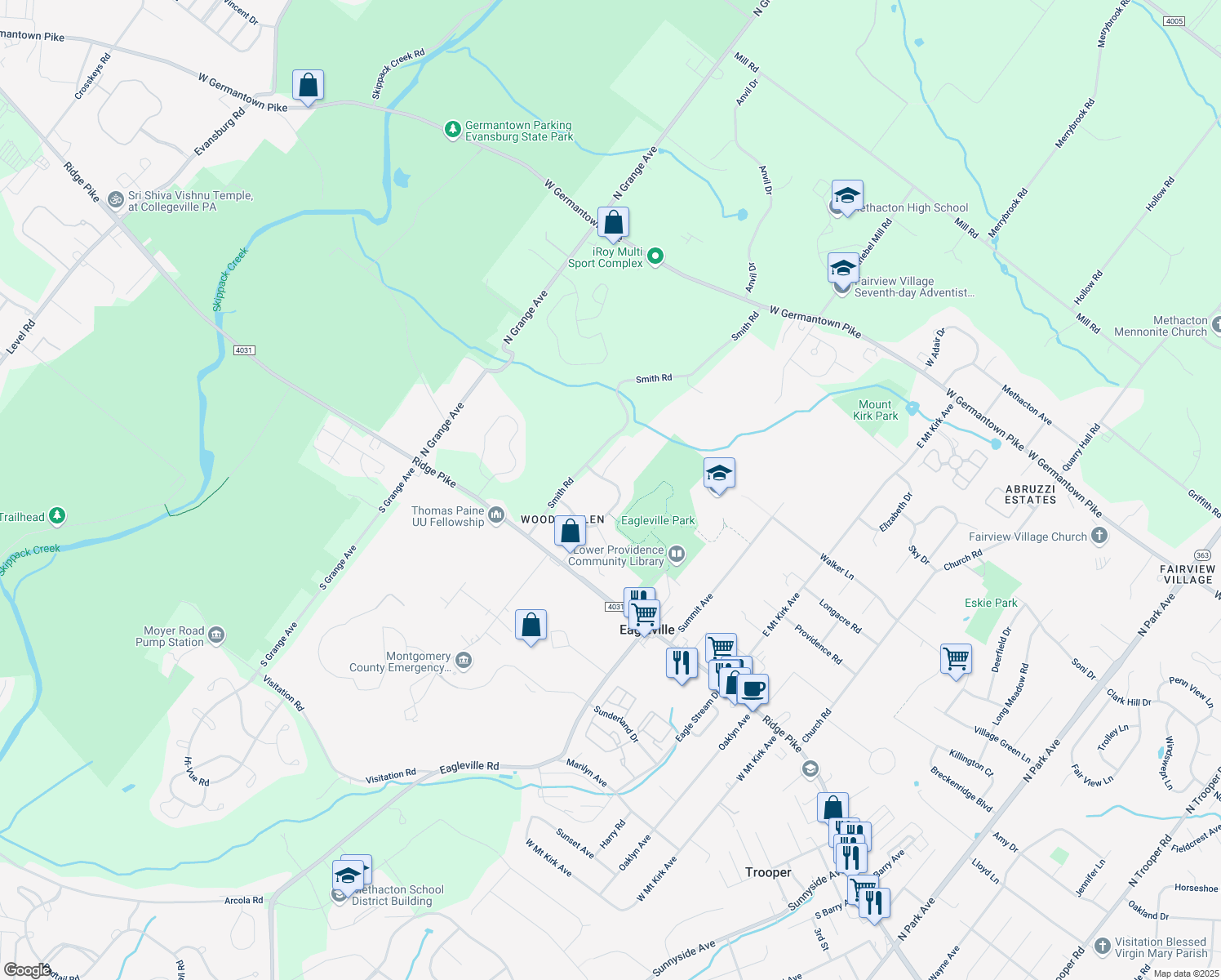 map of restaurants, bars, coffee shops, grocery stores, and more near 2017 Sweetgum Lane in Collegeville