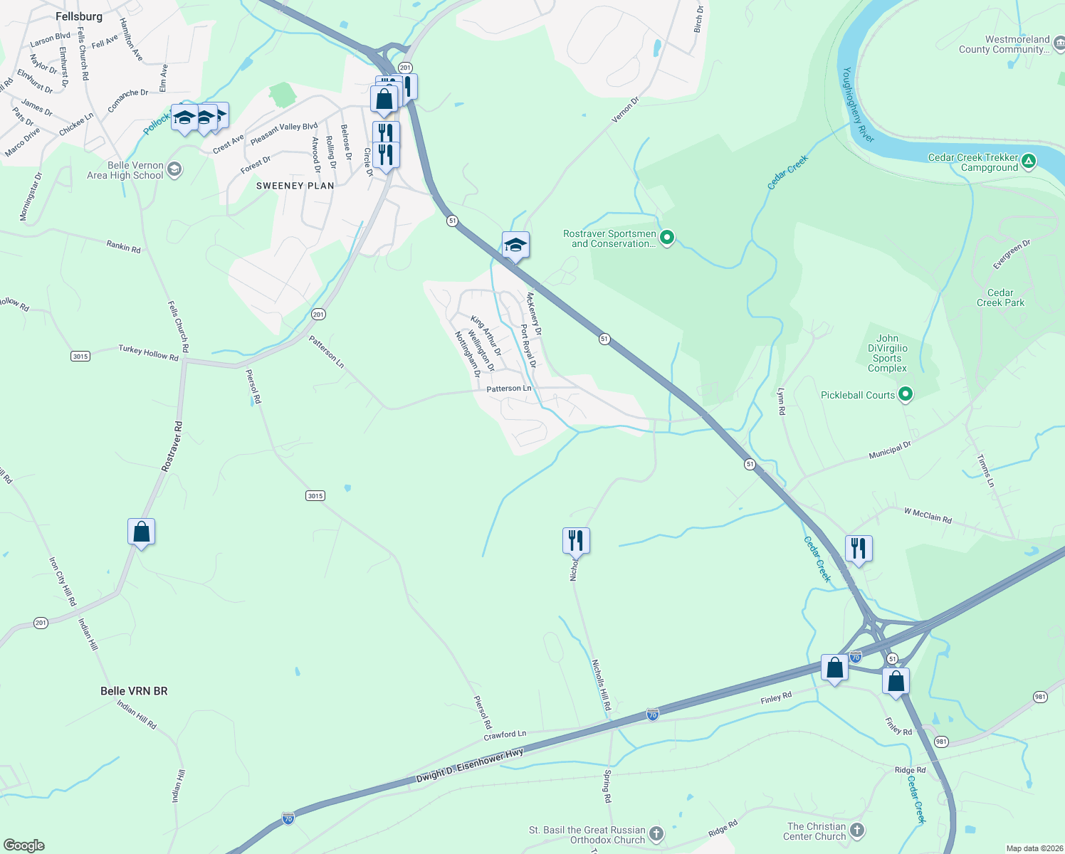 map of restaurants, bars, coffee shops, grocery stores, and more near 3 Edinborough Drive in Belle Vernon