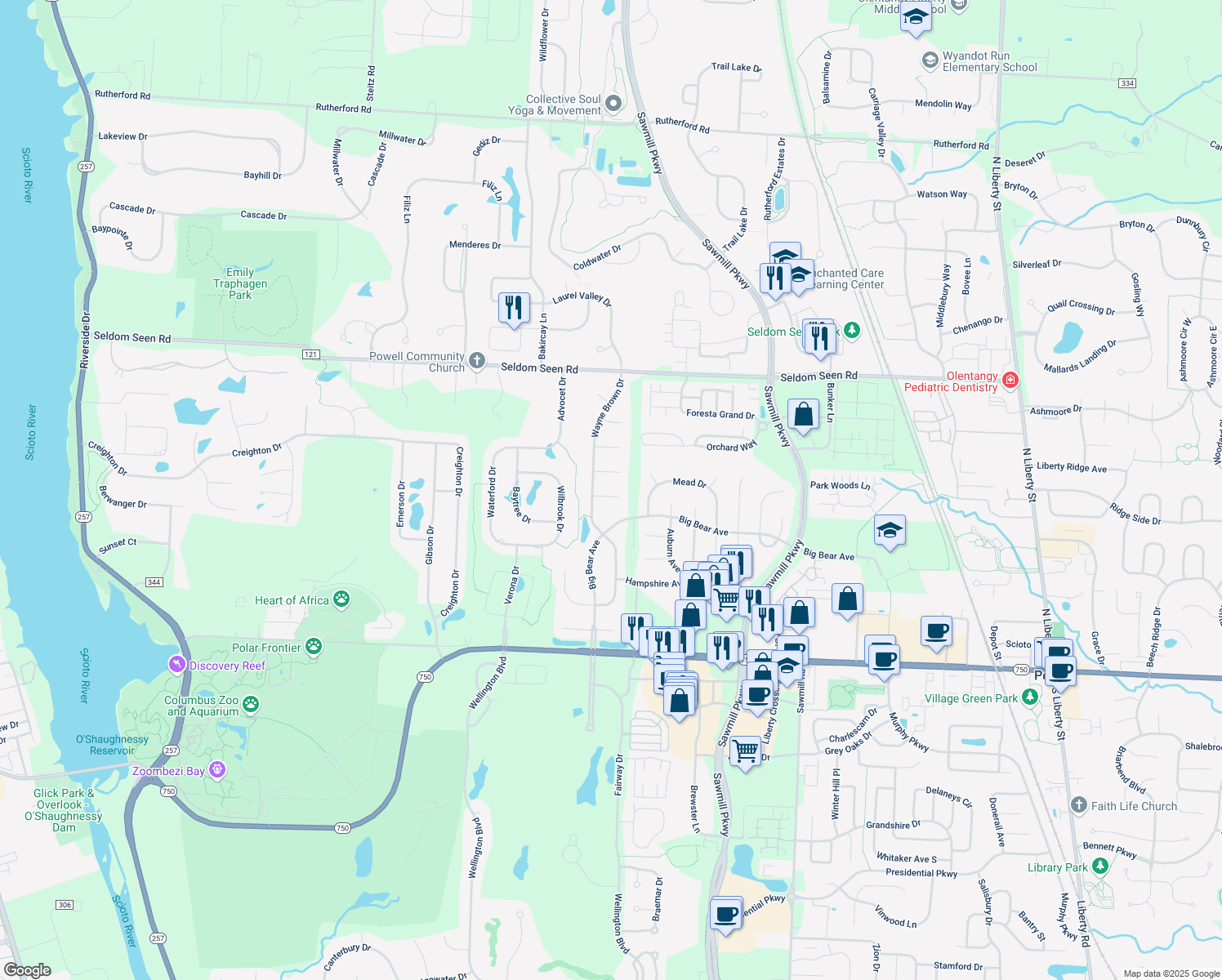 map of restaurants, bars, coffee shops, grocery stores, and more near 4060 Essex Ct in Powell