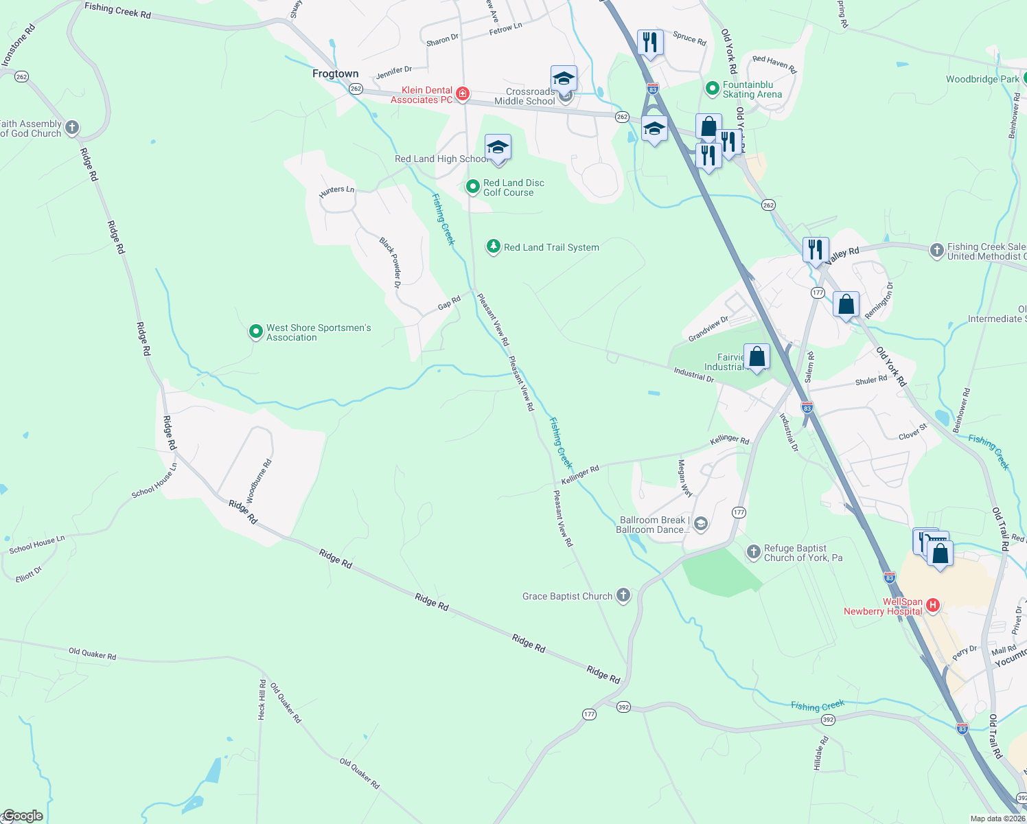 map of restaurants, bars, coffee shops, grocery stores, and more near 635 Pleasant View Rd in Lewisberry
