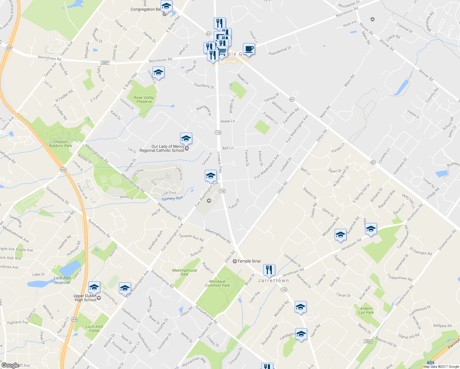 map of restaurants, bars, coffee shops, grocery stores, and more near 1605 Fort Washington Avenue in Maple Glen