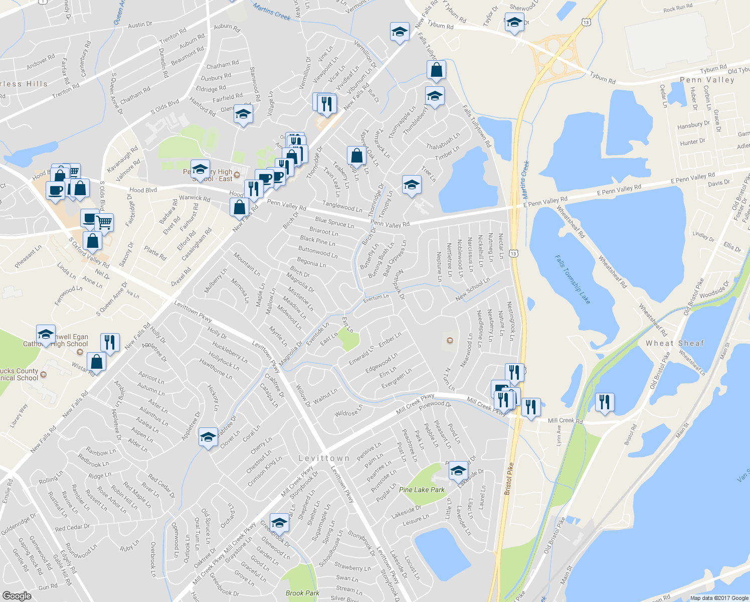 map of restaurants, bars, coffee shops, grocery stores, and more near 43 Everturn Lane in Levittown