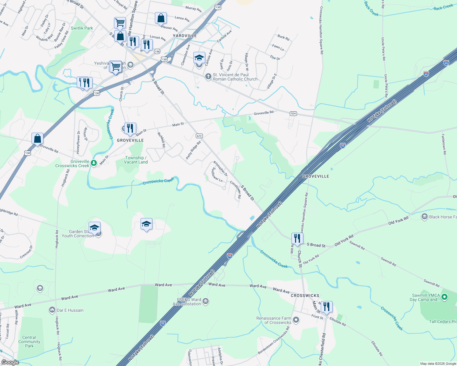 map of restaurants, bars, coffee shops, grocery stores, and more near 86 Kristopher Drive in Hamilton Township