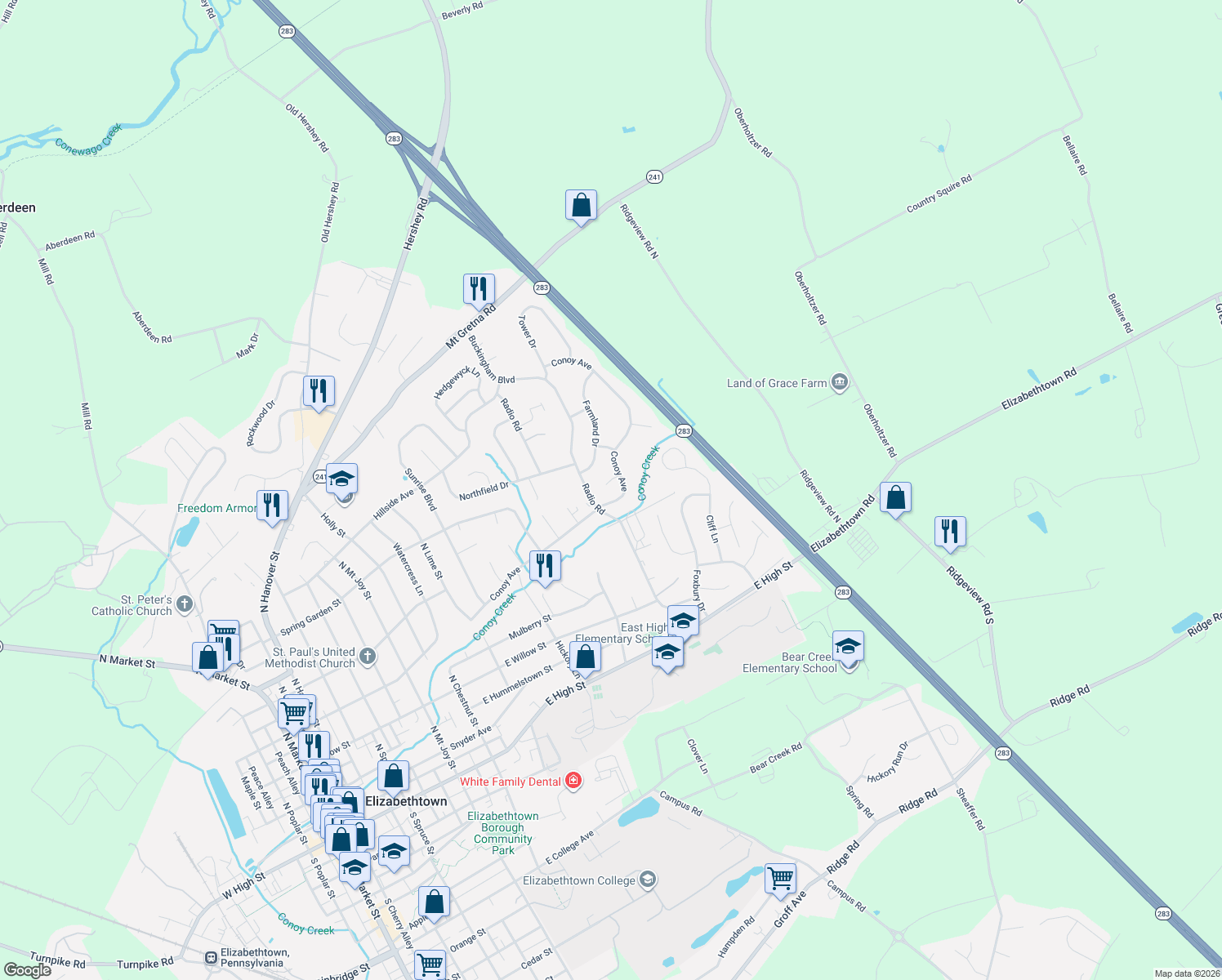 map of restaurants, bars, coffee shops, grocery stores, and more near 22 Rhema Ct in Elizabethtown