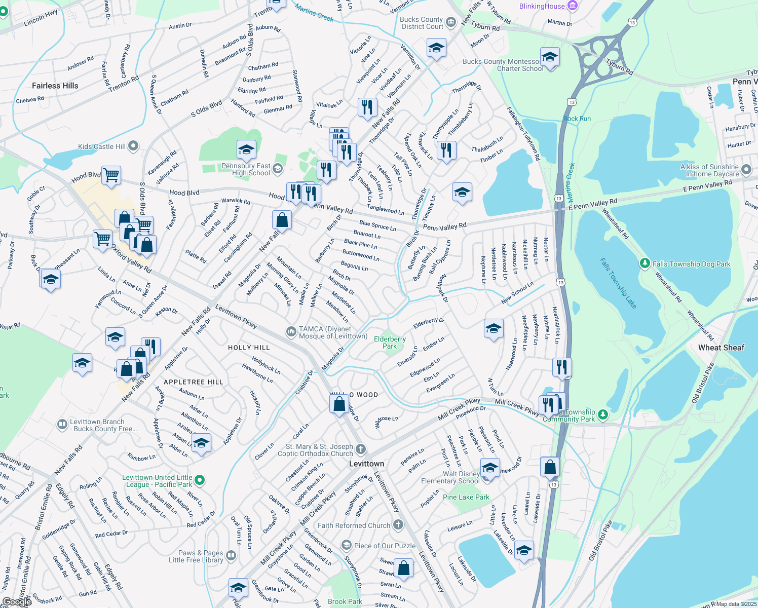 map of restaurants, bars, coffee shops, grocery stores, and more near 167 Birch Drive in Levittown