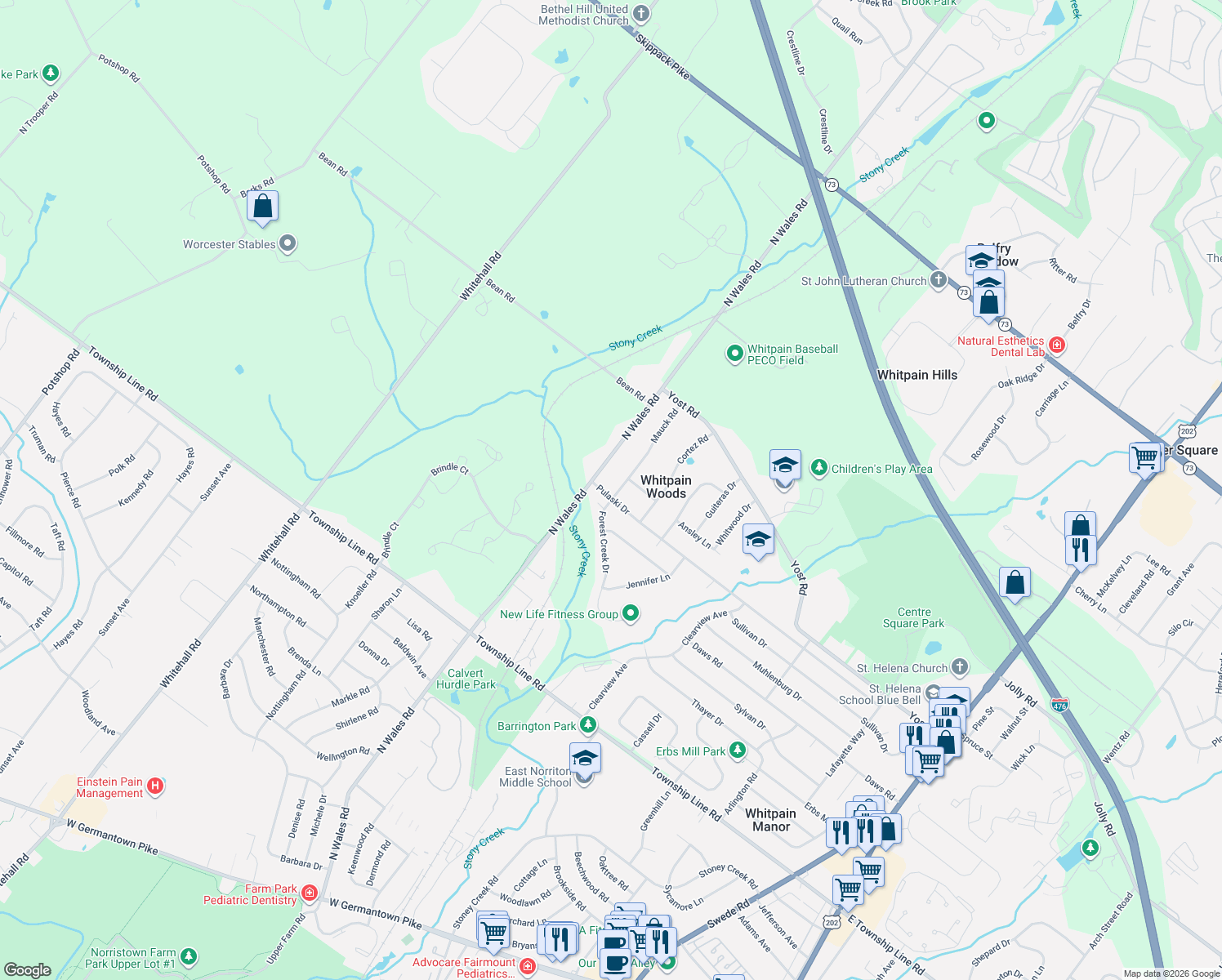 map of restaurants, bars, coffee shops, grocery stores, and more near 1977 Pulaski Dr in Blue Bell