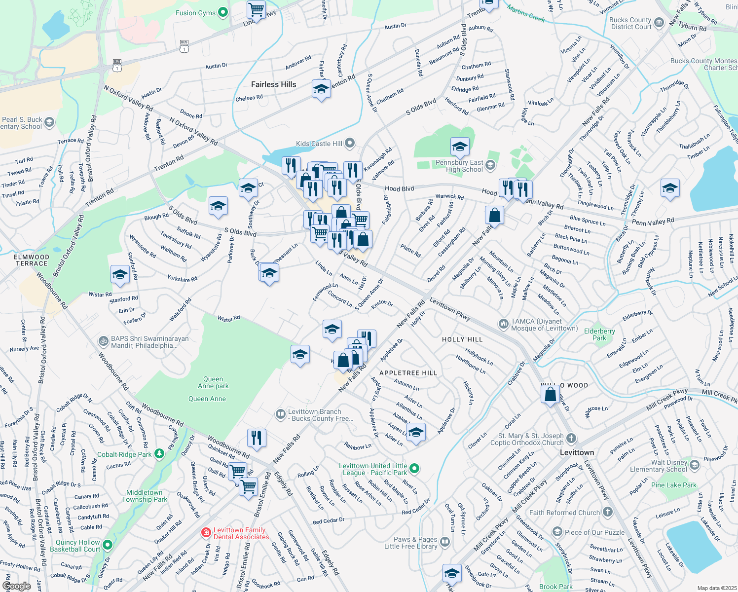 map of restaurants, bars, coffee shops, grocery stores, and more near 615 South Queen Anne Drive in Fairless Hills