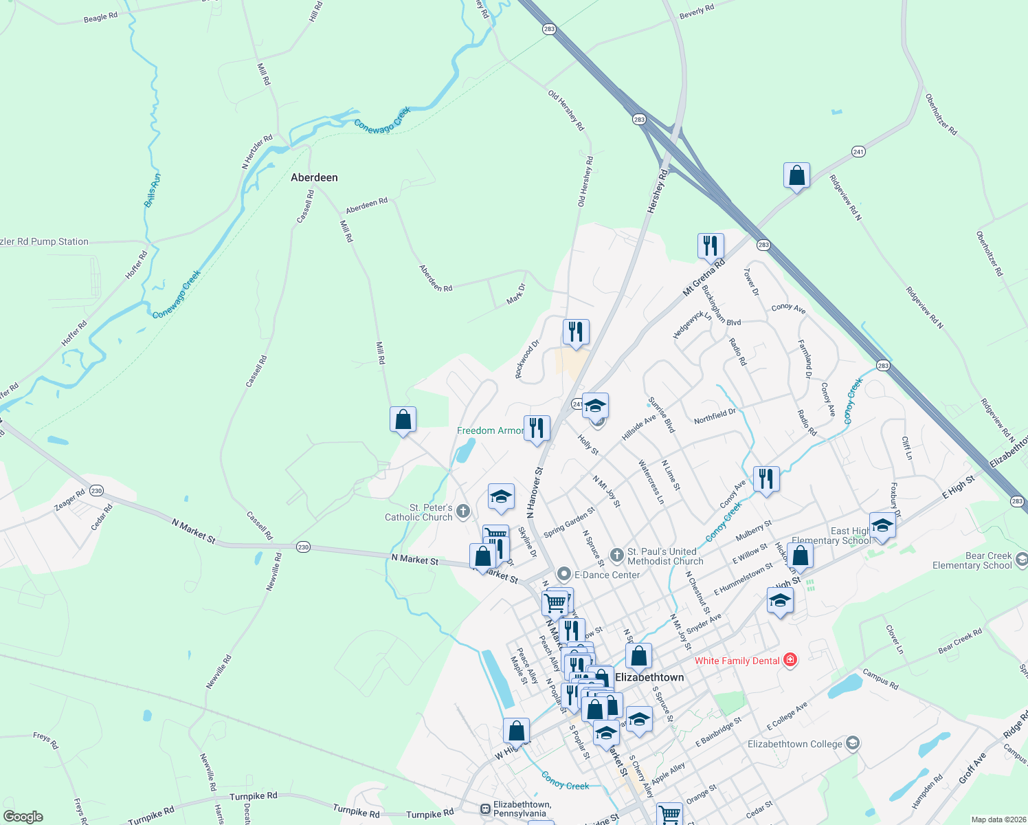 map of restaurants, bars, coffee shops, grocery stores, and more near 518 Indian Rock Circle in Elizabethtown