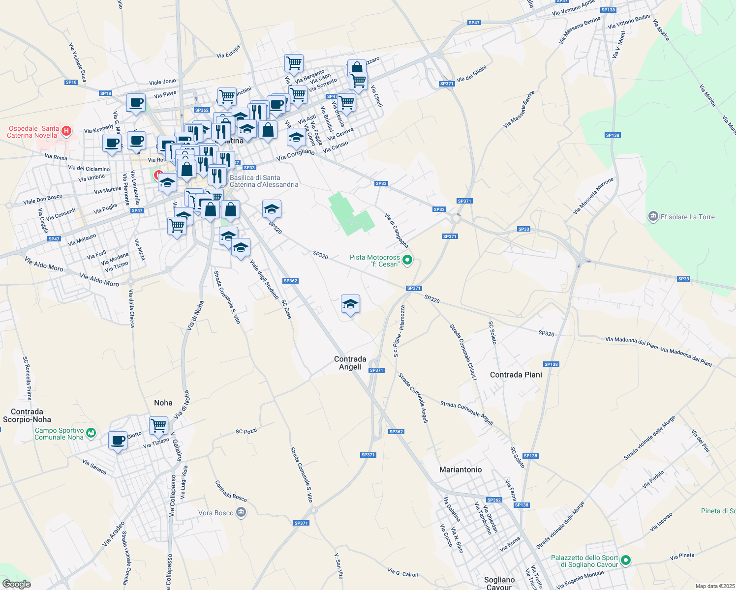 map of restaurants, bars, coffee shops, grocery stores, and more near 26 Strada Comunale Pisanello in Galatina