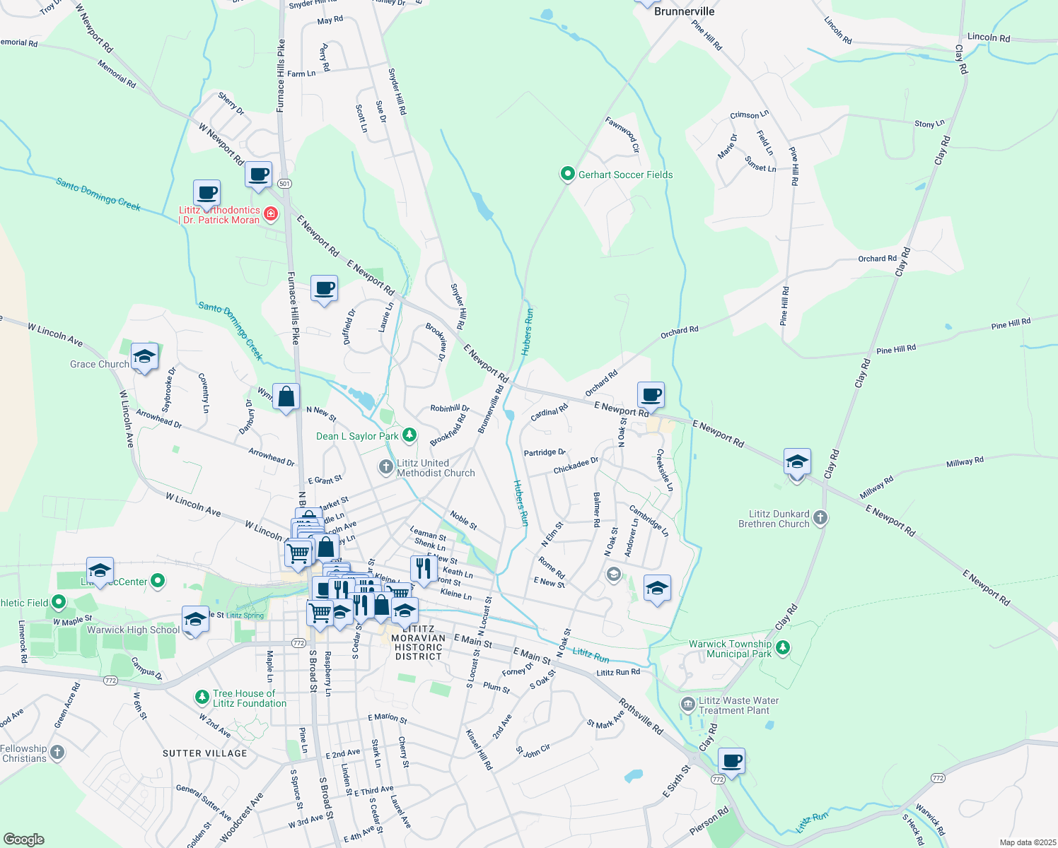 map of restaurants, bars, coffee shops, grocery stores, and more near 103 Chukar Court in Lititz