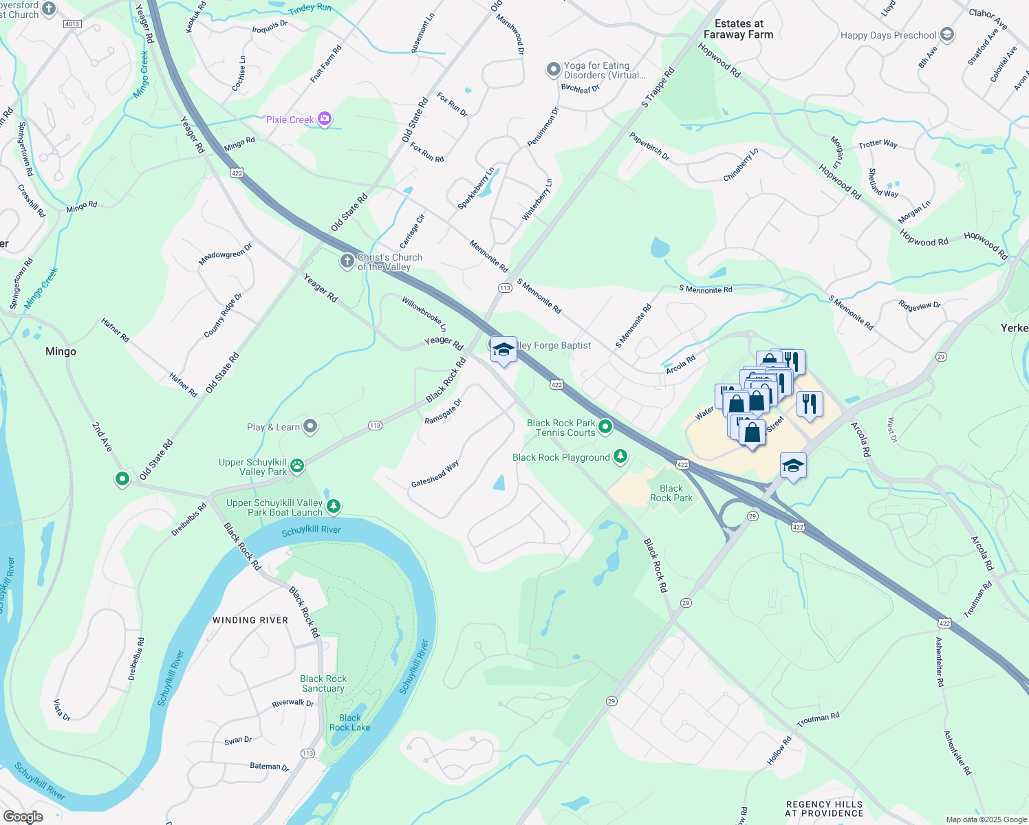 map of restaurants, bars, coffee shops, grocery stores, and more near 106 Gateshead Way in Phoenixville