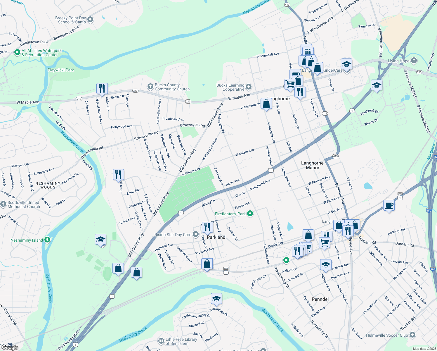 map of restaurants, bars, coffee shops, grocery stores, and more near 452 Parkvale Avenue in Langhorne