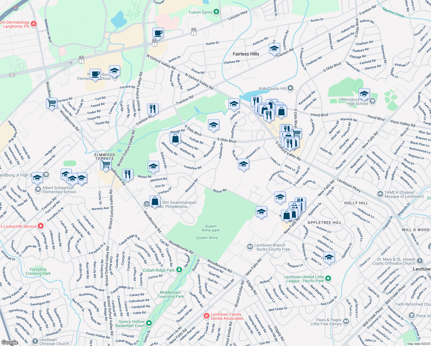 map of restaurants, bars, coffee shops, grocery stores, and more near 605 Parkway Drive in Fairless Hills