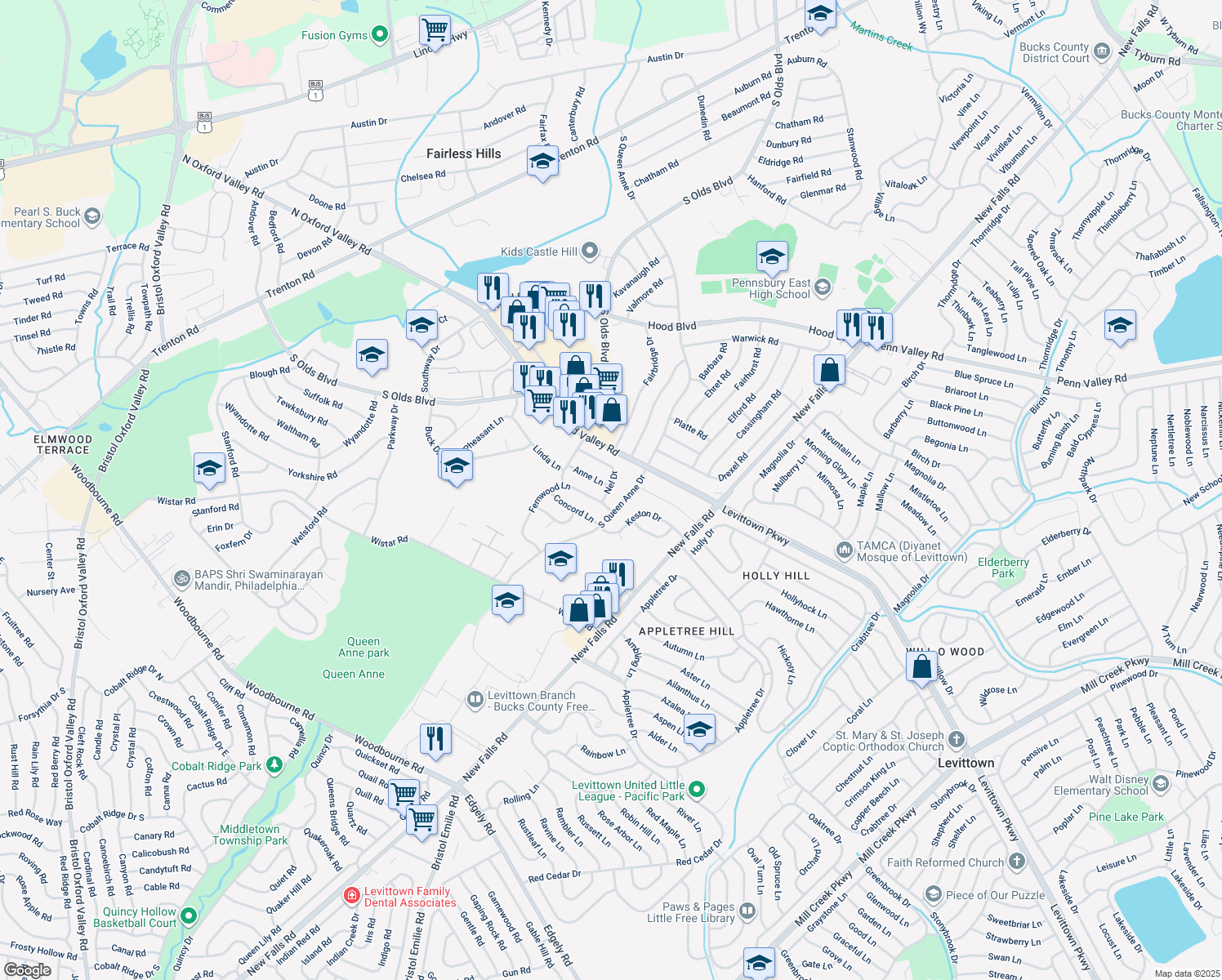 map of restaurants, bars, coffee shops, grocery stores, and more near 523 Nel Drive in Fairless Hills