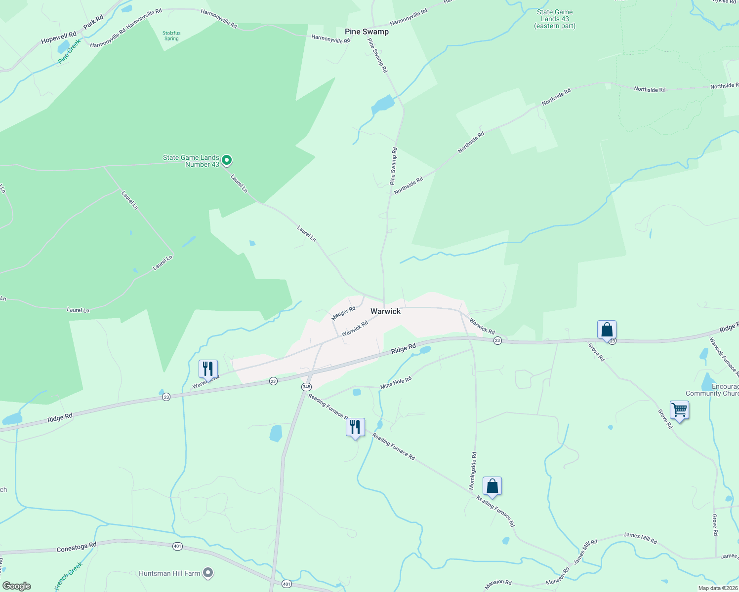 map of restaurants, bars, coffee shops, grocery stores, and more near 123 Laurel Lane in Elverson