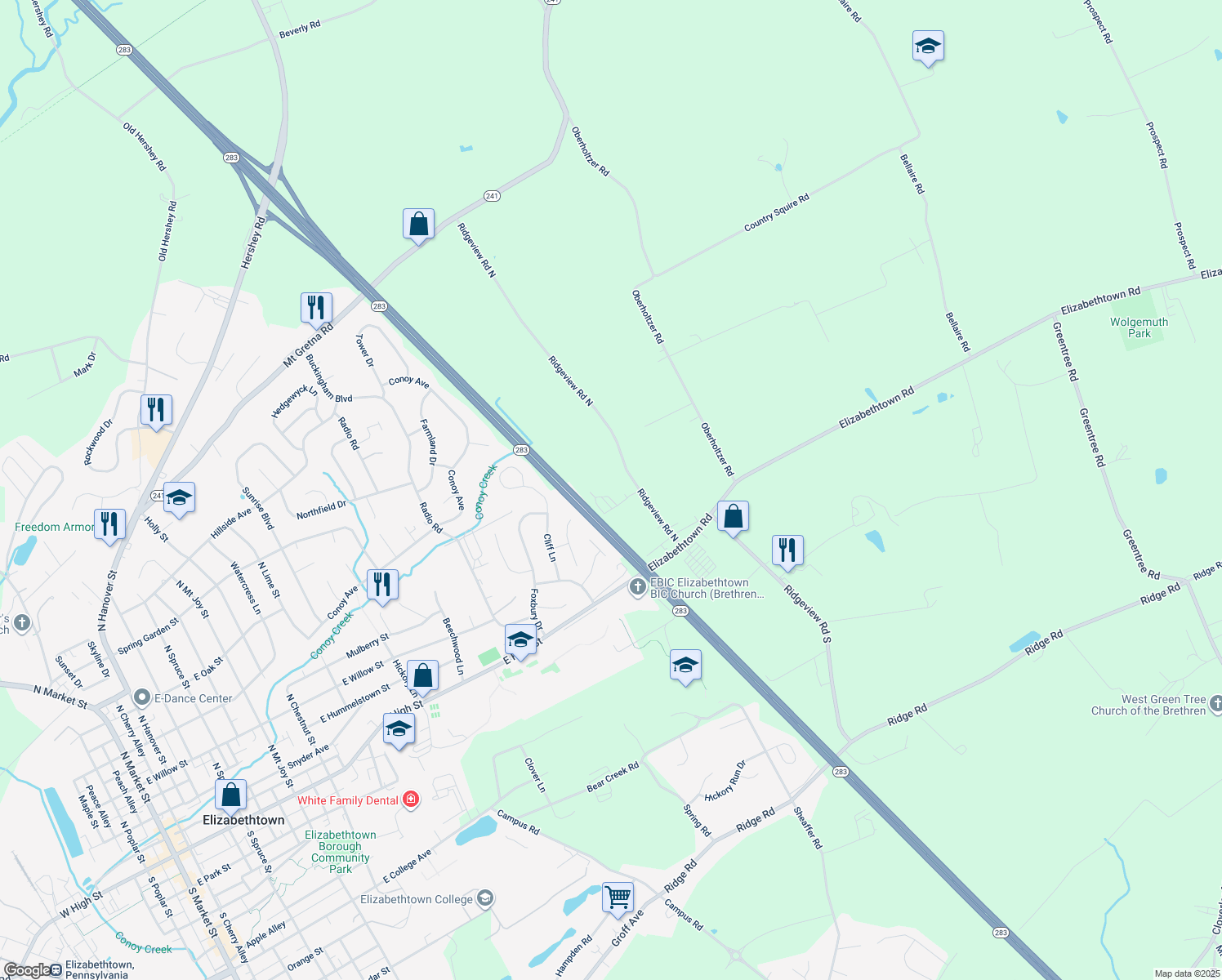 map of restaurants, bars, coffee shops, grocery stores, and more near 202 Ridgeview Road North in Elizabethtown