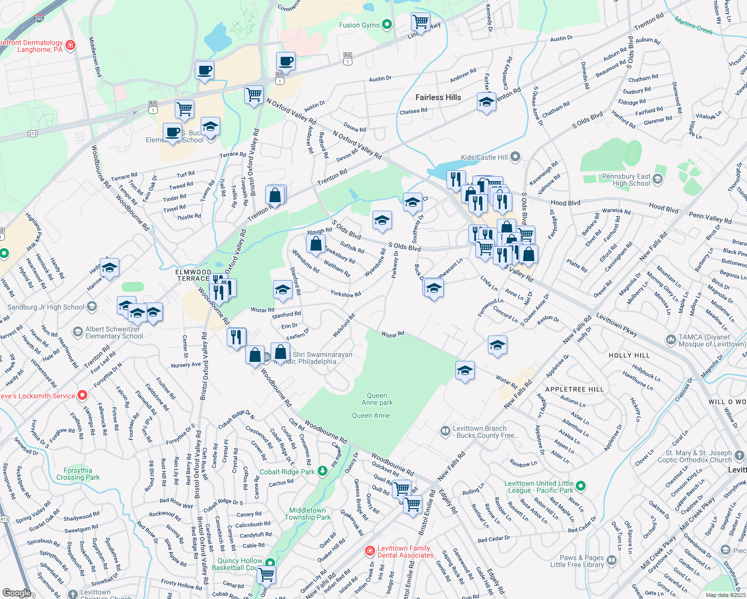 map of restaurants, bars, coffee shops, grocery stores, and more near 223 Welsford Road in Fairless Hills