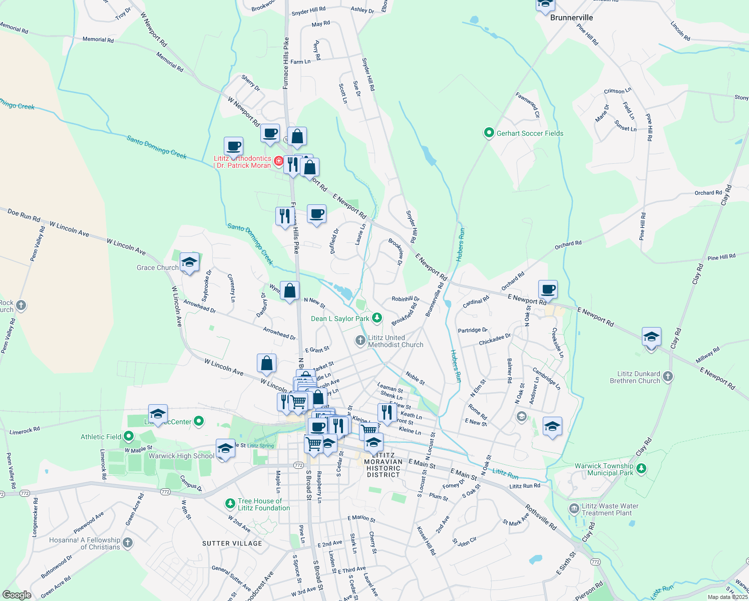 map of restaurants, bars, coffee shops, grocery stores, and more near 75 Laurie Lane in Lititz