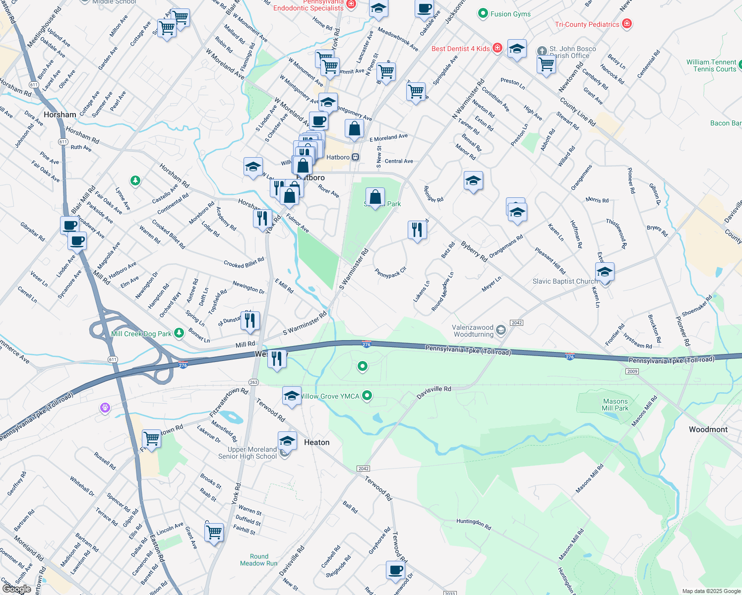 map of restaurants, bars, coffee shops, grocery stores, and more near 318 Arionne Drive in Hatboro