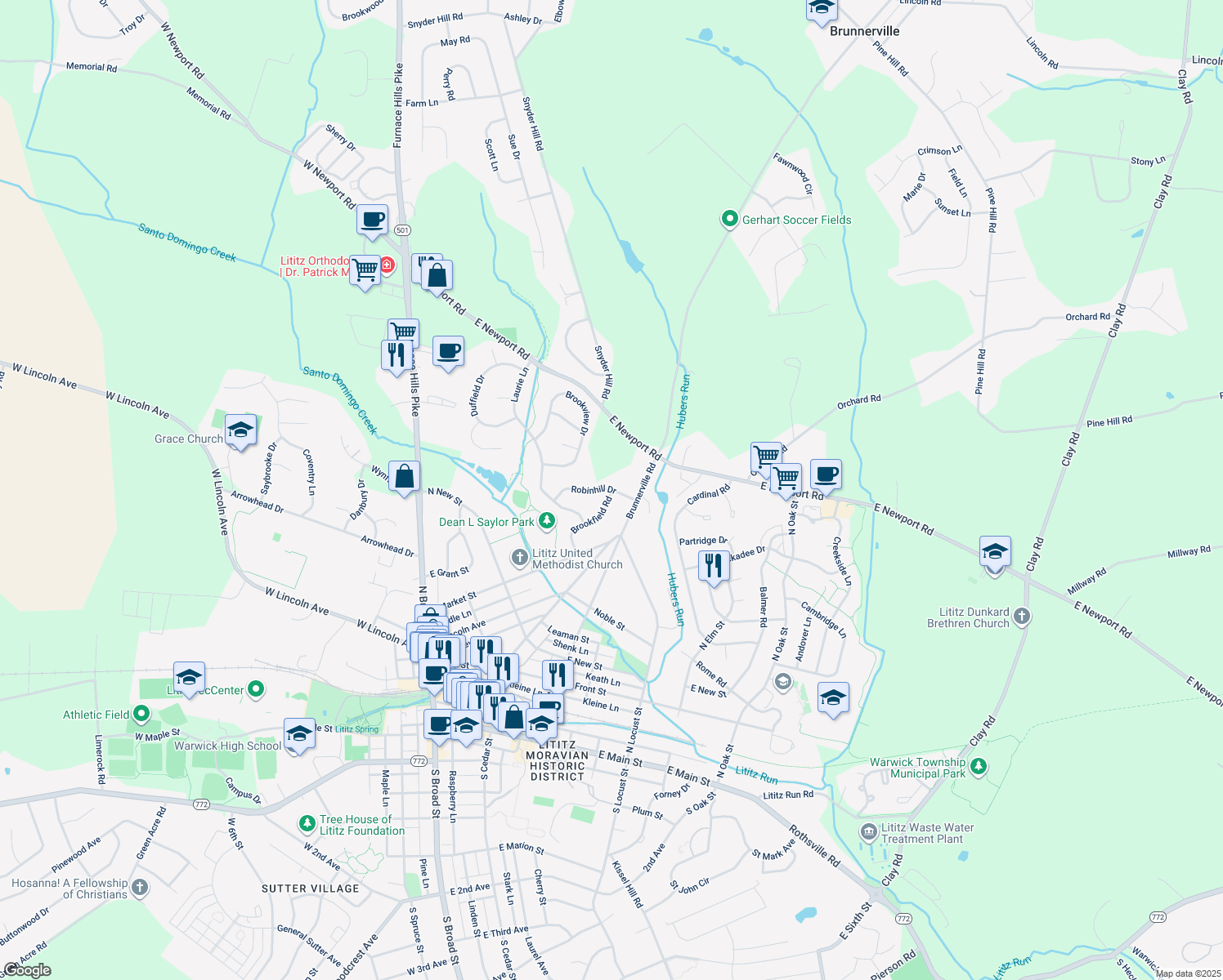 map of restaurants, bars, coffee shops, grocery stores, and more near 55 Robinhill Drive in Lititz