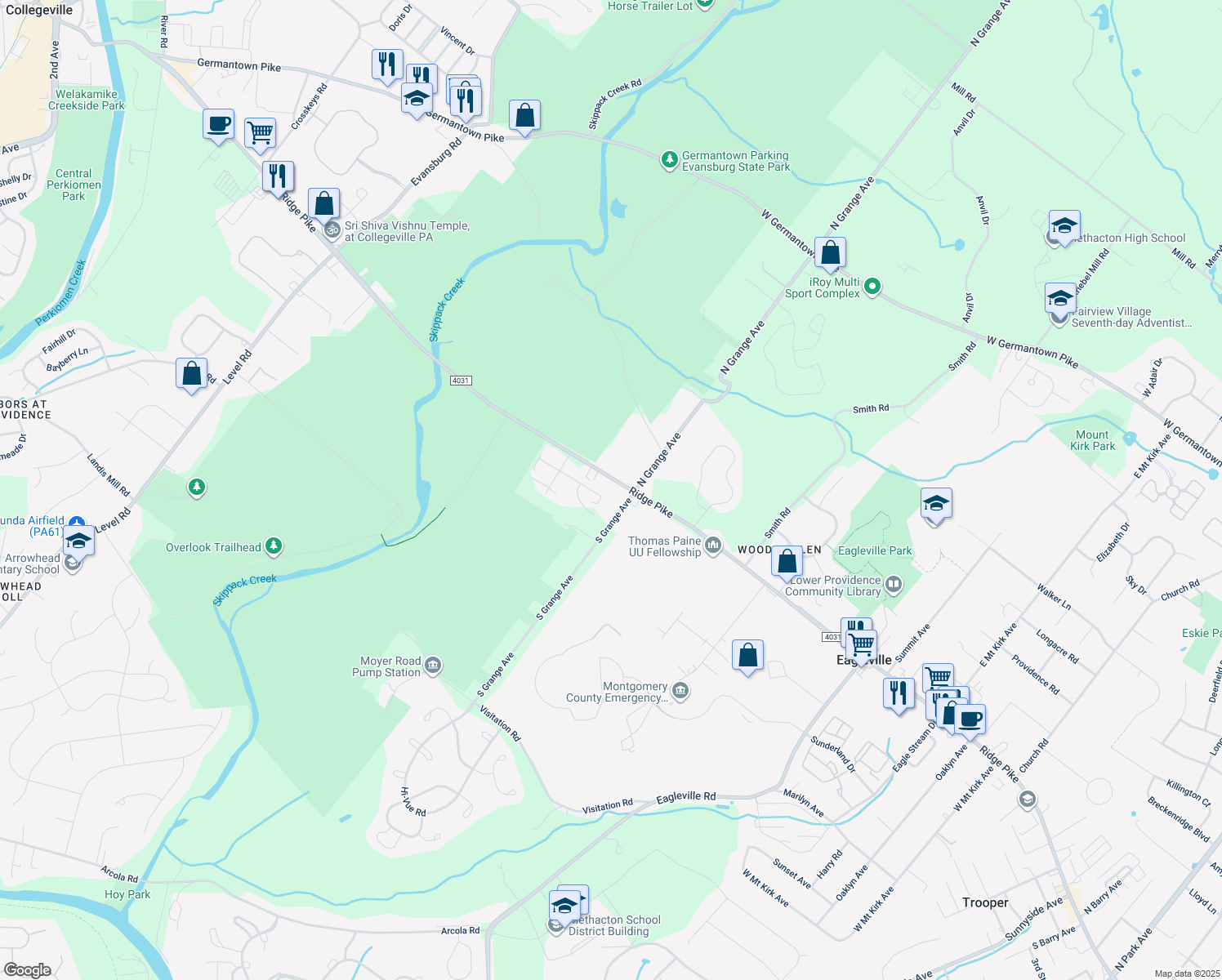 map of restaurants, bars, coffee shops, grocery stores, and more near 3512 Ridge Pike in Collegeville