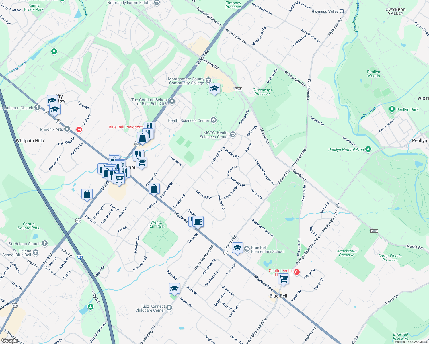 map of restaurants, bars, coffee shops, grocery stores, and more near 644 Cathcart Road in Blue Bell