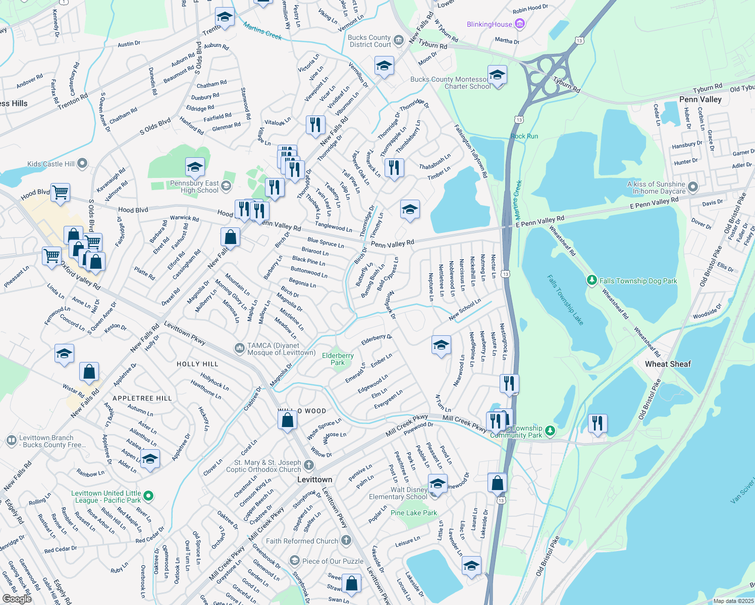 map of restaurants, bars, coffee shops, grocery stores, and more near 22 Bald Cypress Lane in Levittown
