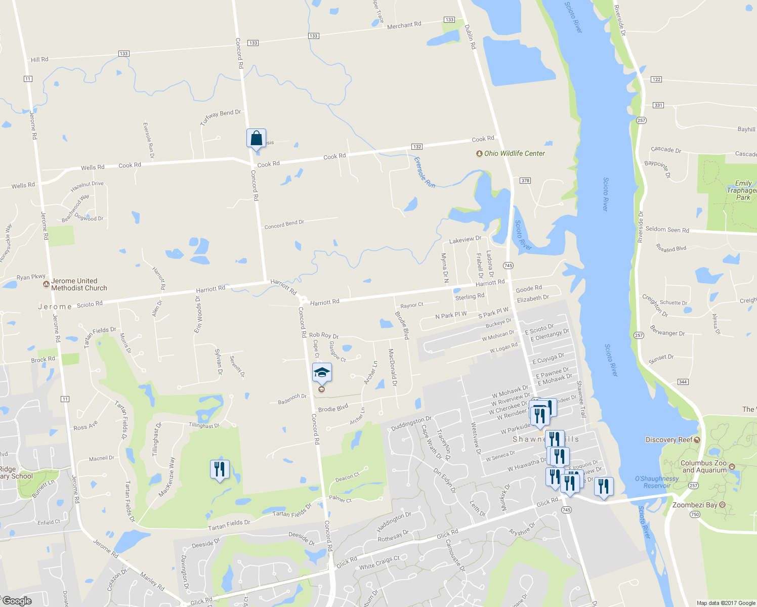 map of restaurants, bars, coffee shops, grocery stores, and more near 6849 Harriott Road in Powell