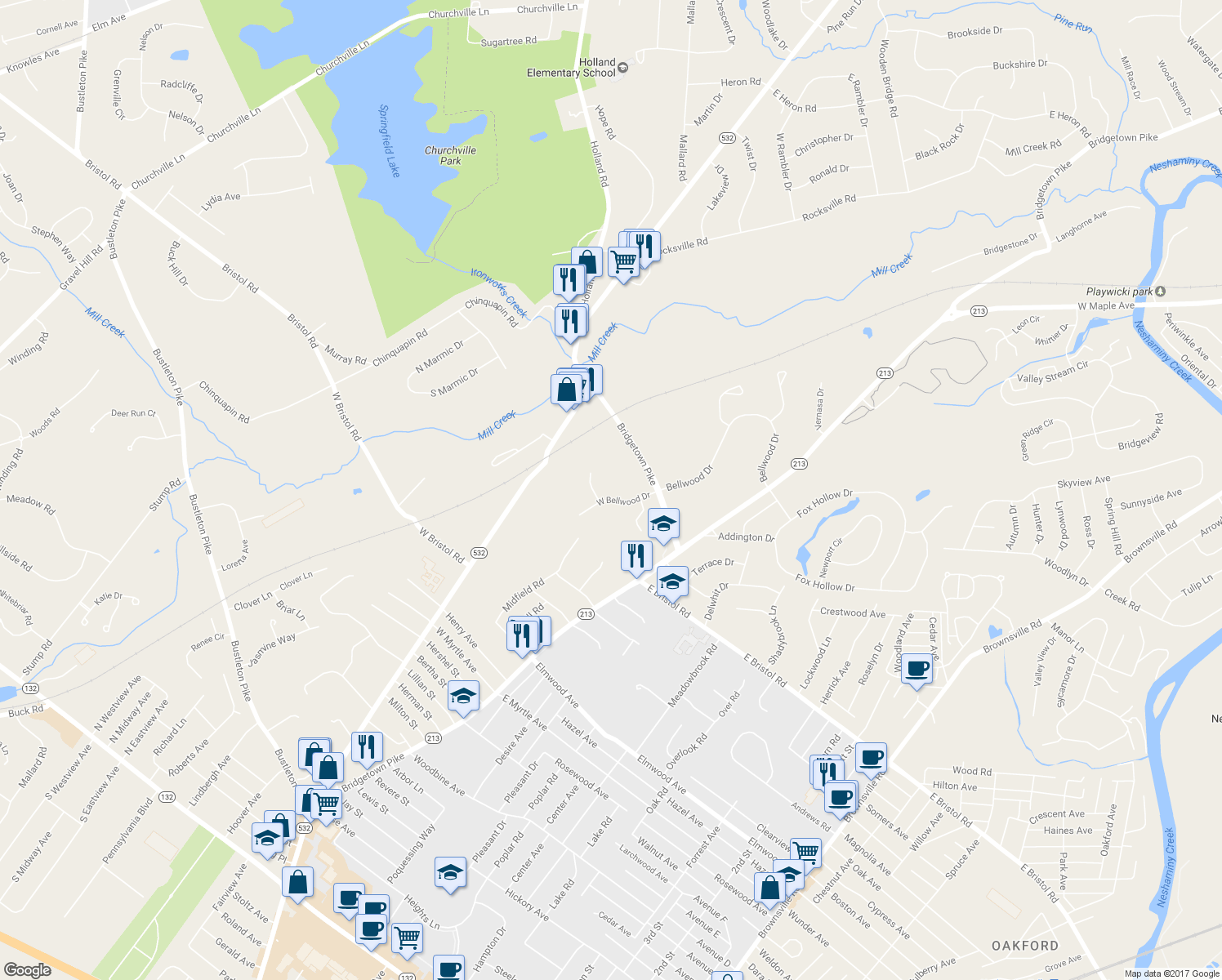 map of restaurants, bars, coffee shops, grocery stores, and more near 14 Bellwood Drive in Holland