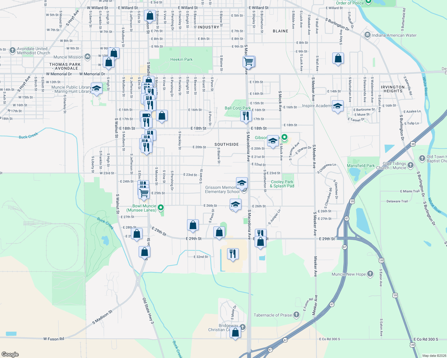 map of restaurants, bars, coffee shops, grocery stores, and more near 1504 E 24th St in Muncie