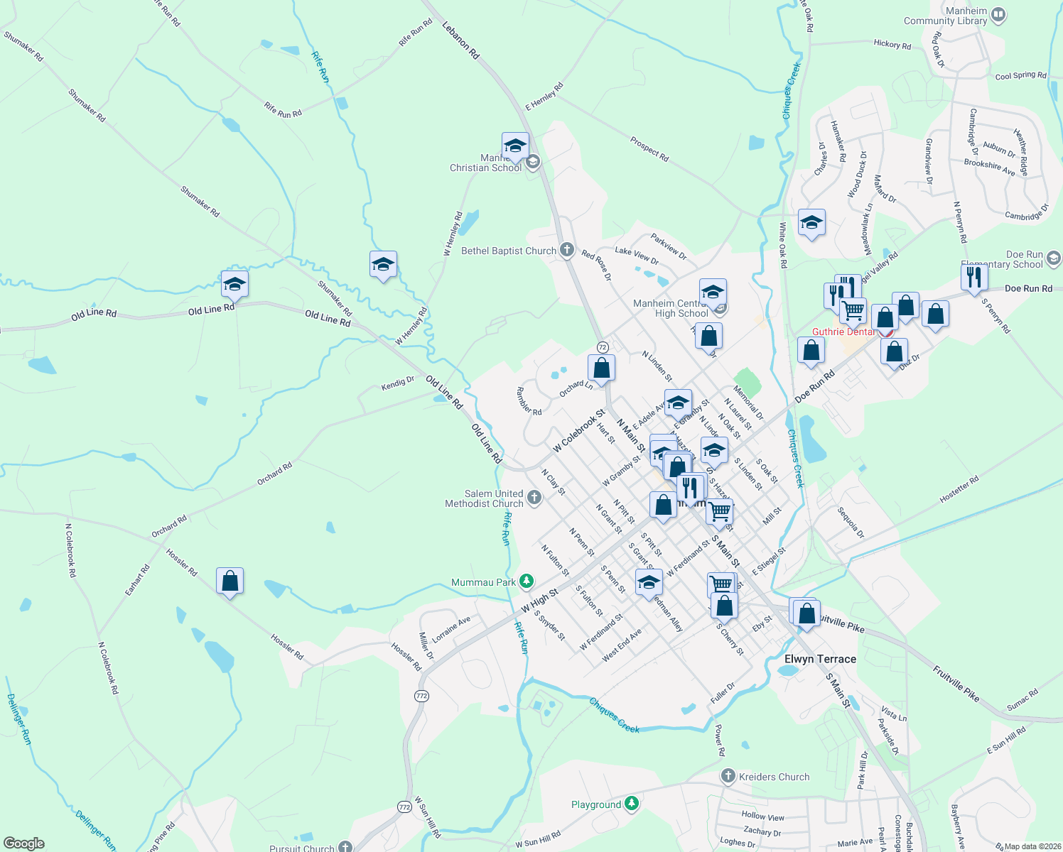 map of restaurants, bars, coffee shops, grocery stores, and more near 260 Rapho St in Manheim