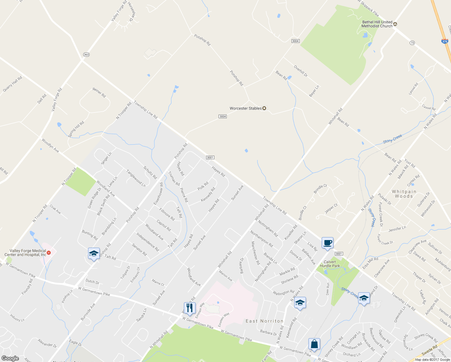 map of restaurants, bars, coffee shops, grocery stores, and more near 3239 Hayes Road in Norristown