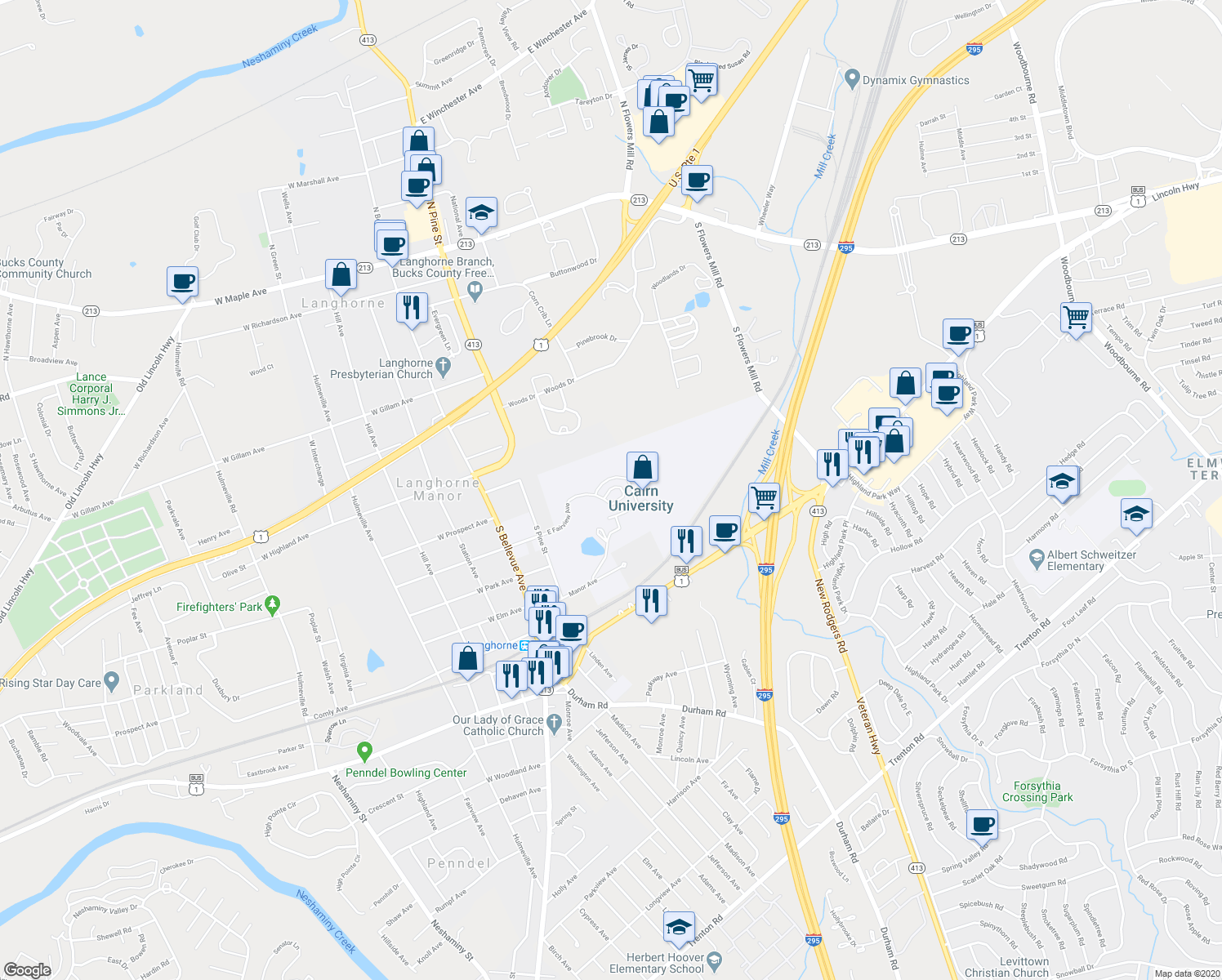 map of restaurants, bars, coffee shops, grocery stores, and more near 418 Arch Street in Langhorne