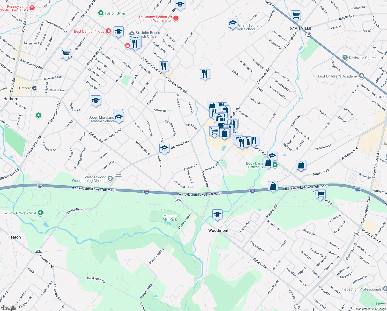 map of restaurants, bars, coffee shops, grocery stores, and more near 2240 Pioneer Rd in Hatboro