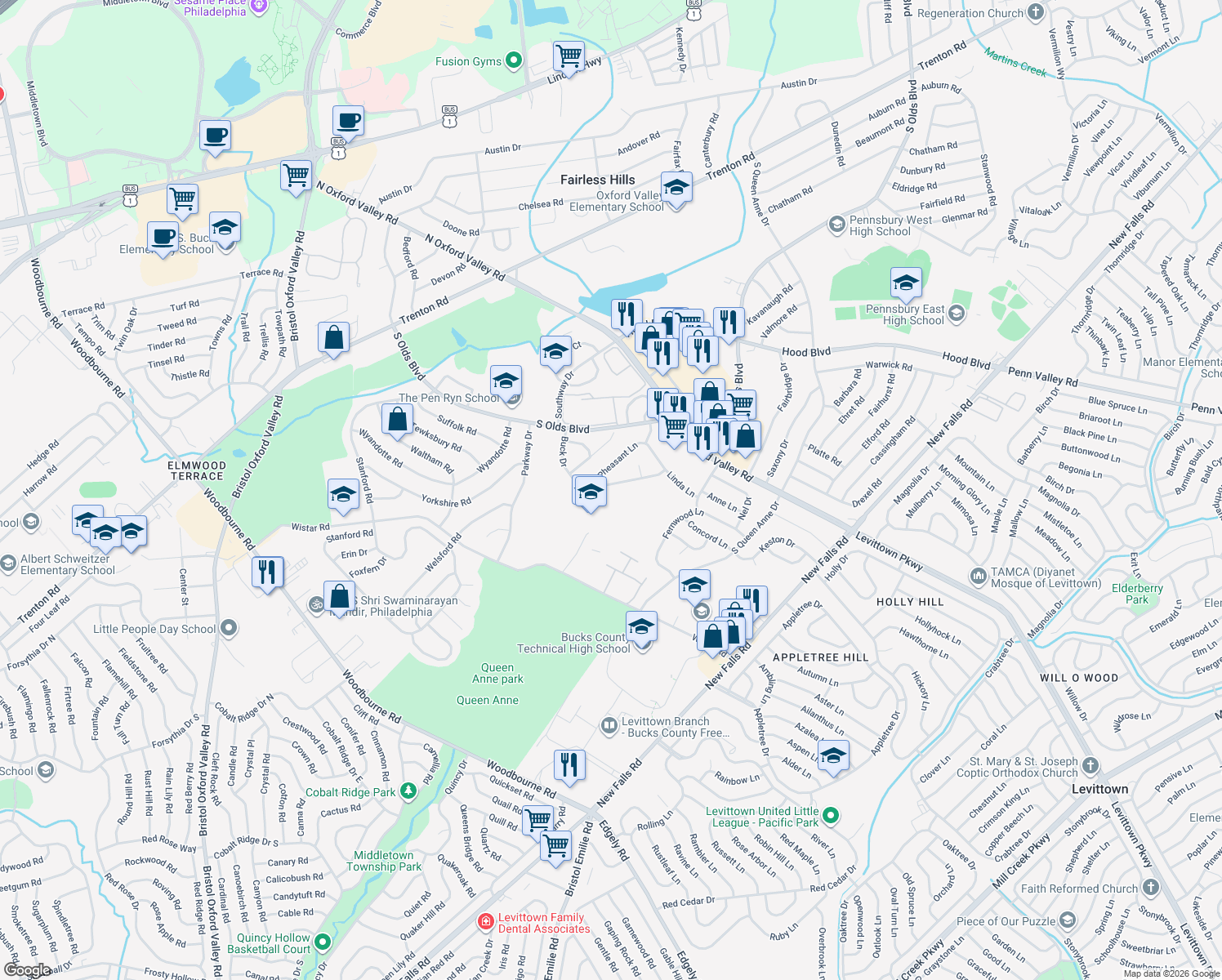 map of restaurants, bars, coffee shops, grocery stores, and more near 575 Buck Drive in Fairless Hills