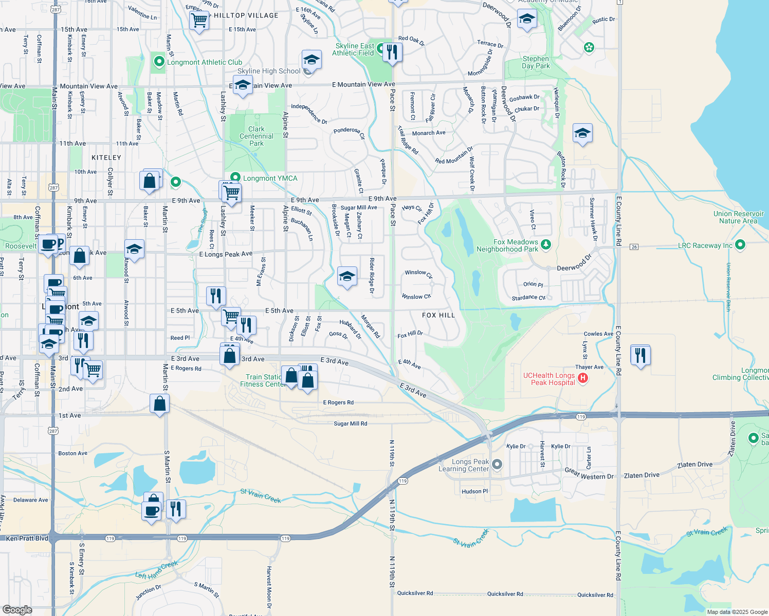 map of restaurants, bars, coffee shops, grocery stores, and more near 918 East 5th Avenue in Longmont