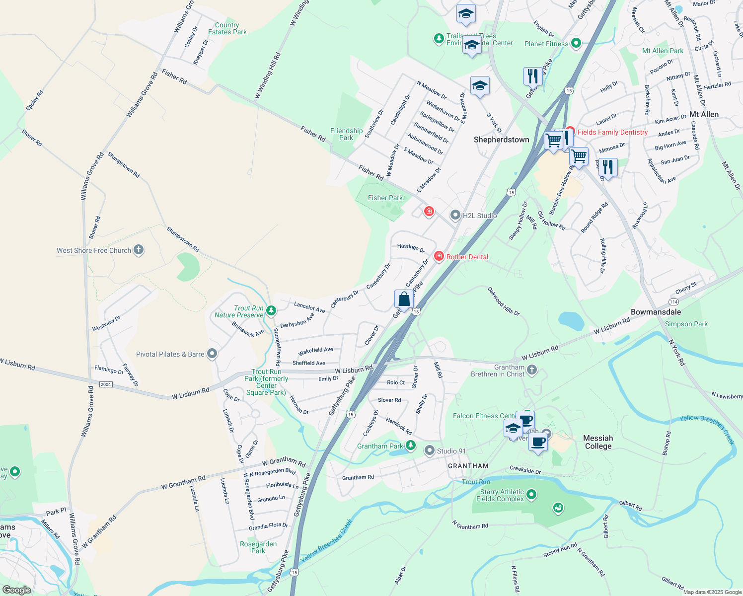 map of restaurants, bars, coffee shops, grocery stores, and more near 2139 Coventry Court in Mechanicsburg