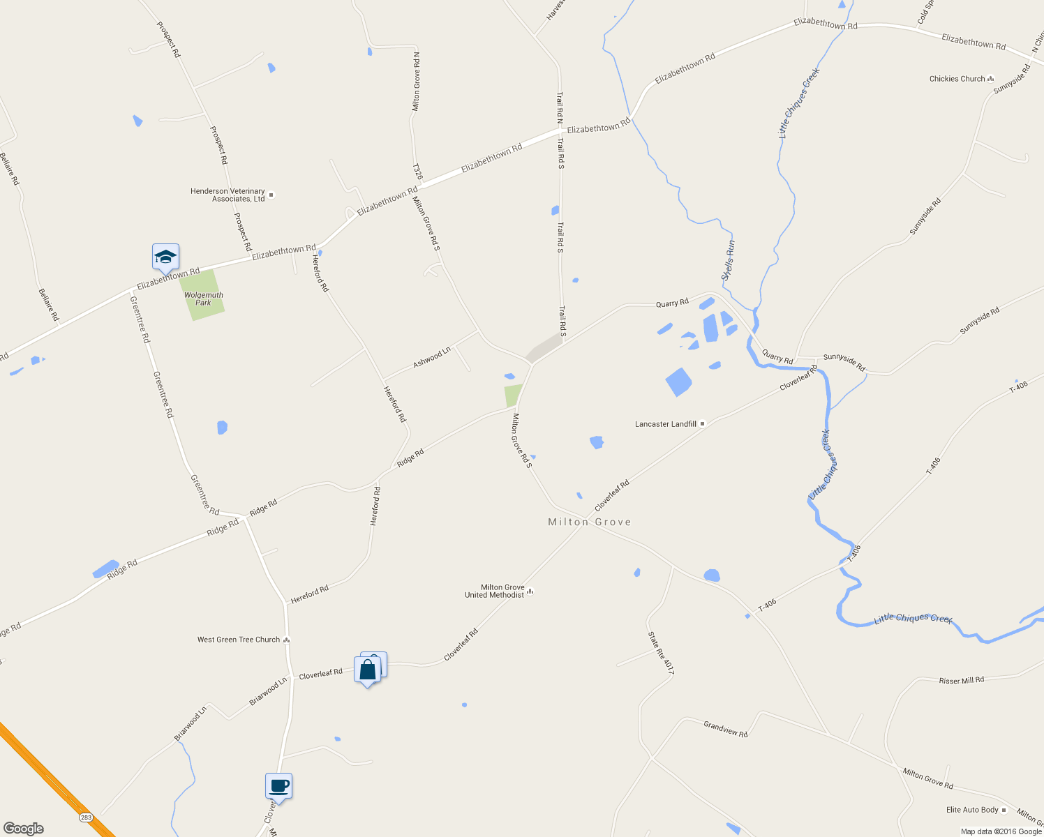 map of restaurants, bars, coffee shops, grocery stores, and more near 715 Milton Grove Road South in Elizabethtown