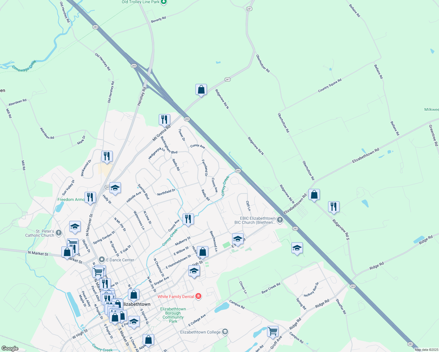 map of restaurants, bars, coffee shops, grocery stores, and more near 310 Conoy Avenue in Elizabethtown