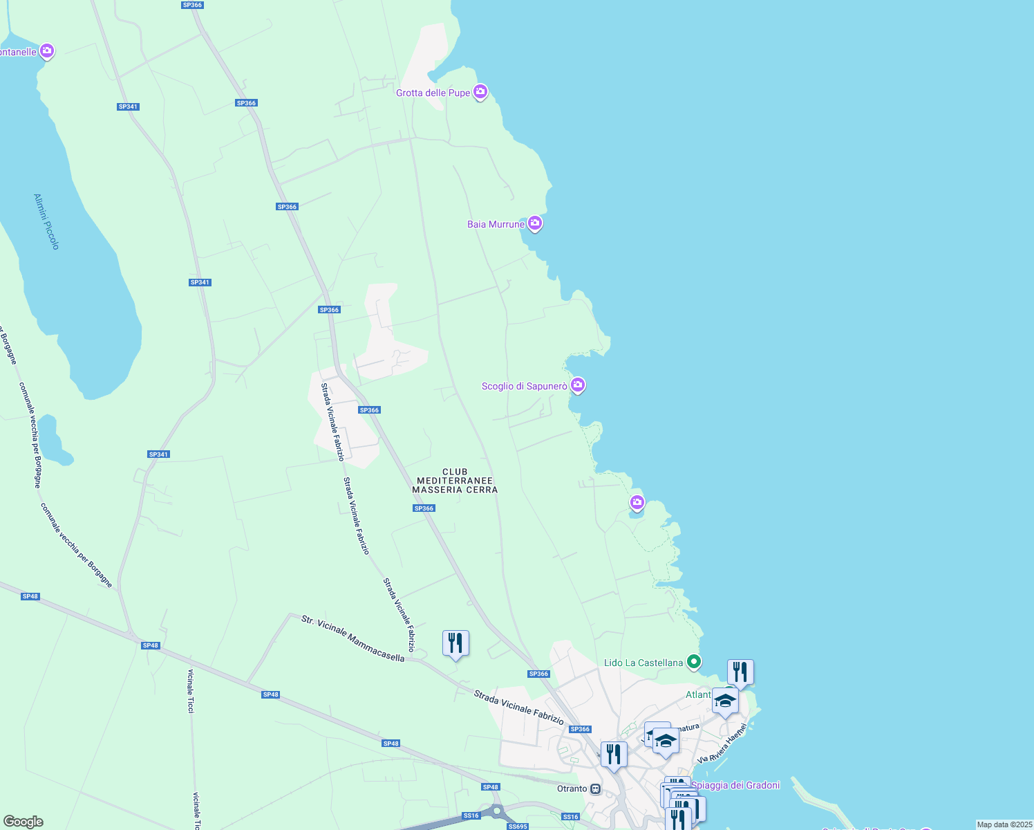 map of restaurants, bars, coffee shops, grocery stores, and more near Unnamed Road in Provincia di Lecce