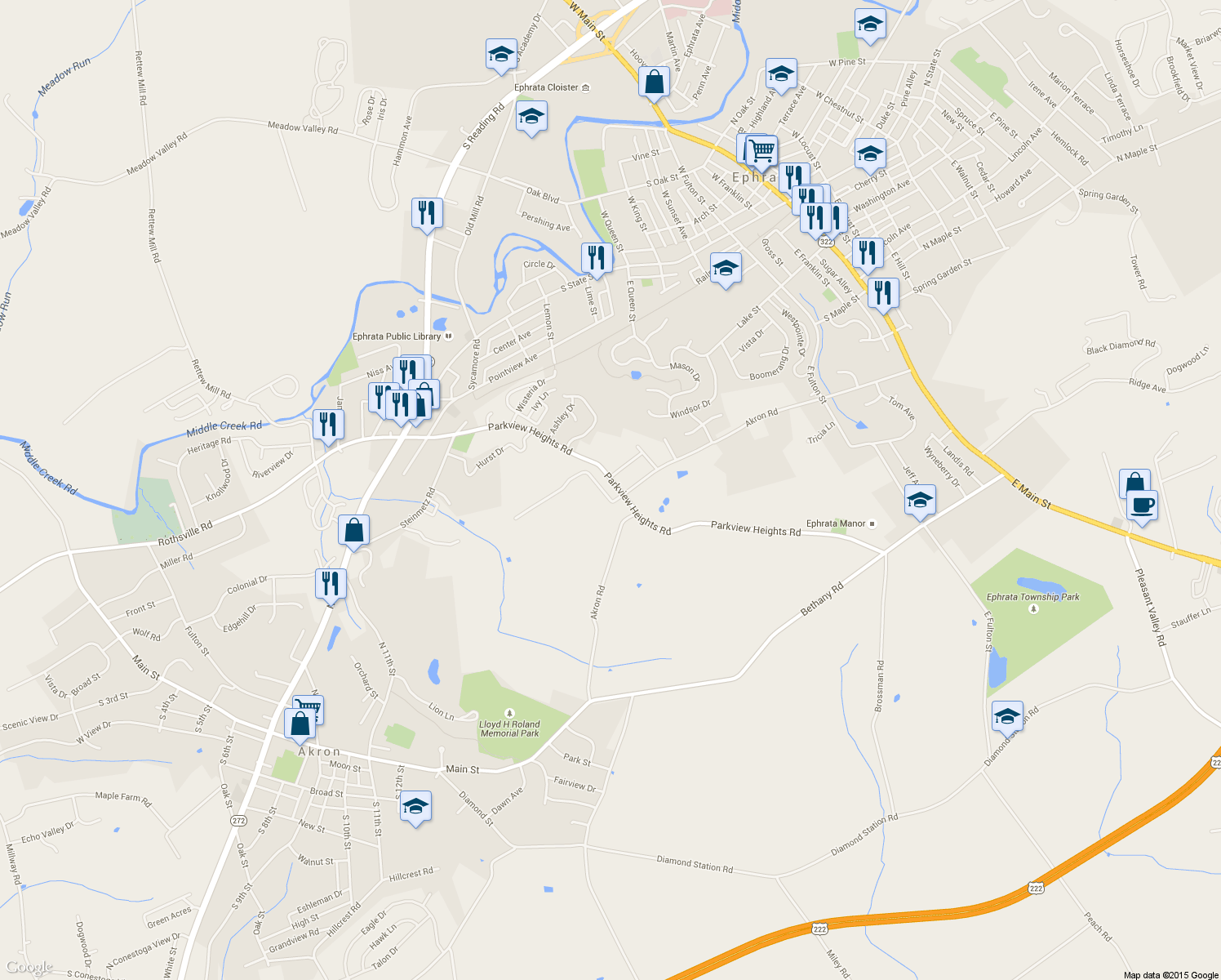 map of restaurants, bars, coffee shops, grocery stores, and more near 161 Parkview Heights Road in Ephrata