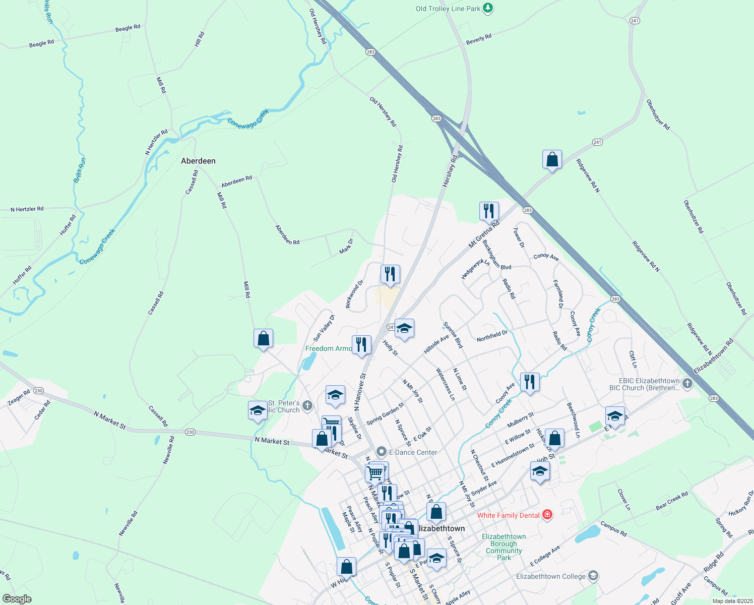 map of restaurants, bars, coffee shops, grocery stores, and more near 162 Old Hershey Road in Elizabethtown