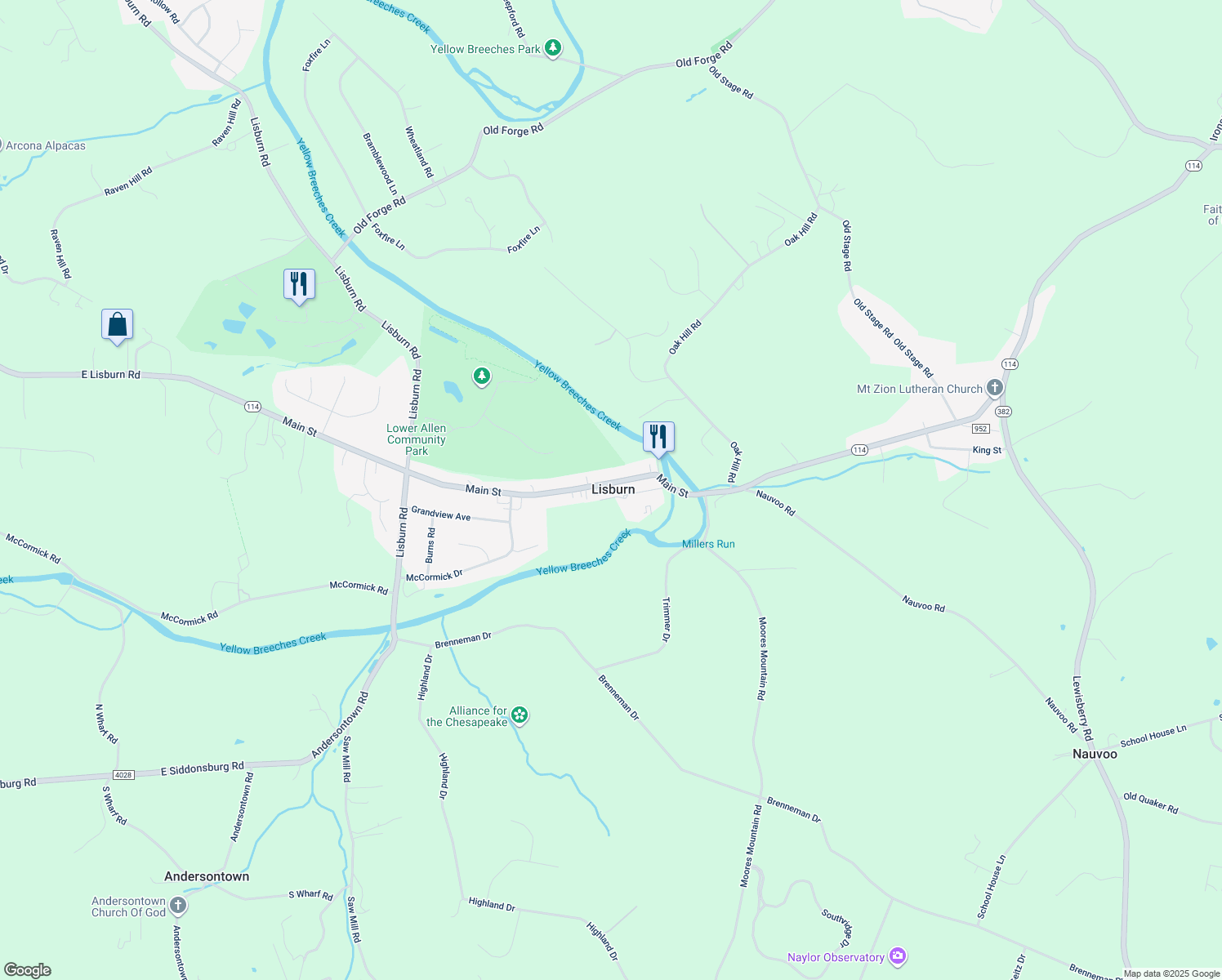 map of restaurants, bars, coffee shops, grocery stores, and more near 1724 Main Street in Mechanicsburg