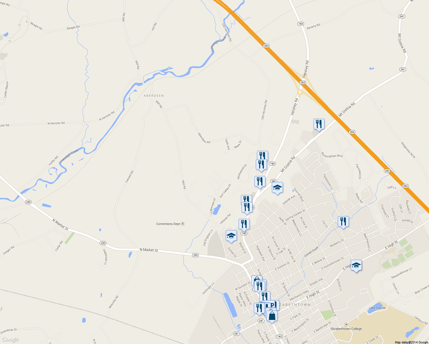 map of restaurants, bars, coffee shops, grocery stores, and more near 31 Summer Drive in Elizabethtown