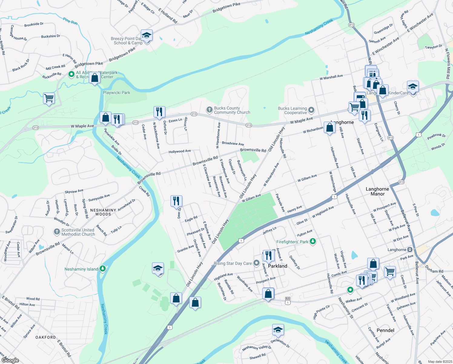 map of restaurants, bars, coffee shops, grocery stores, and more near 250 South Hawthorne Avenue in Langhorne