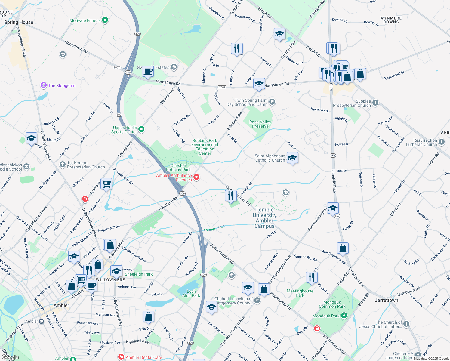 map of restaurants, bars, coffee shops, grocery stores, and more near 1501 Friends Lane in Maple Glen