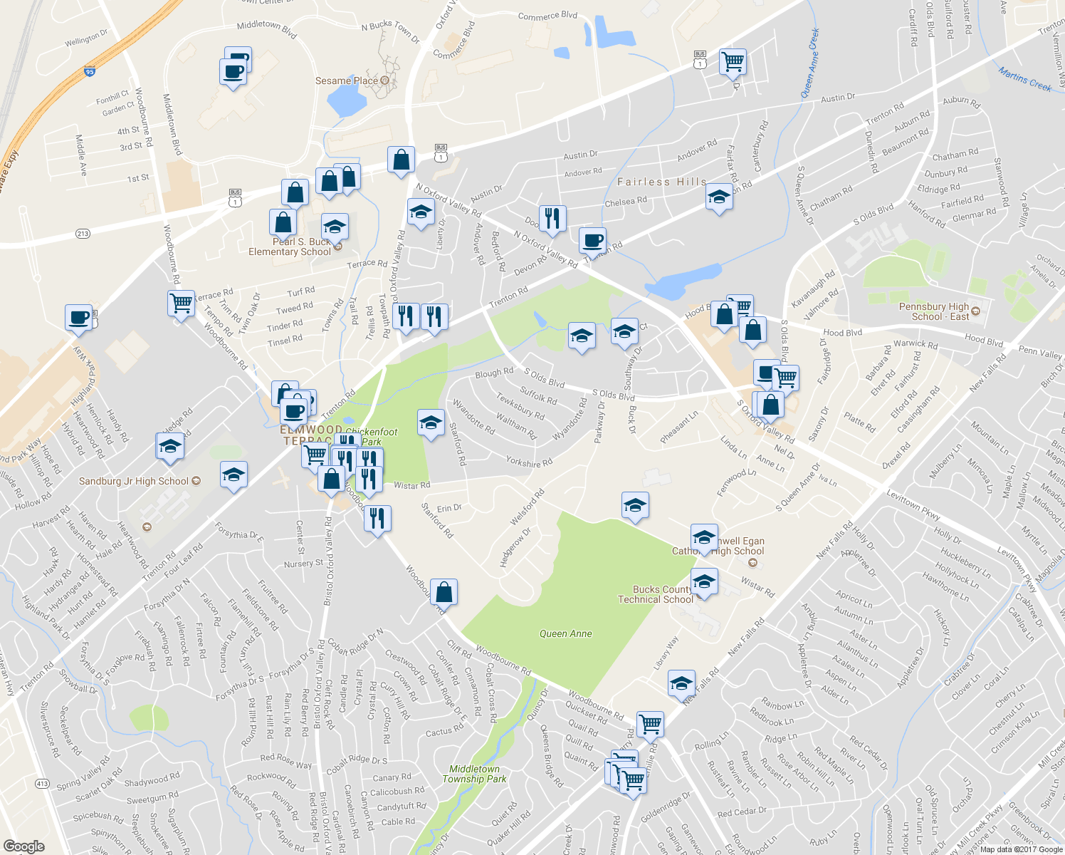 map of restaurants, bars, coffee shops, grocery stores, and more near 239 Waltham Road in Fairless Hills