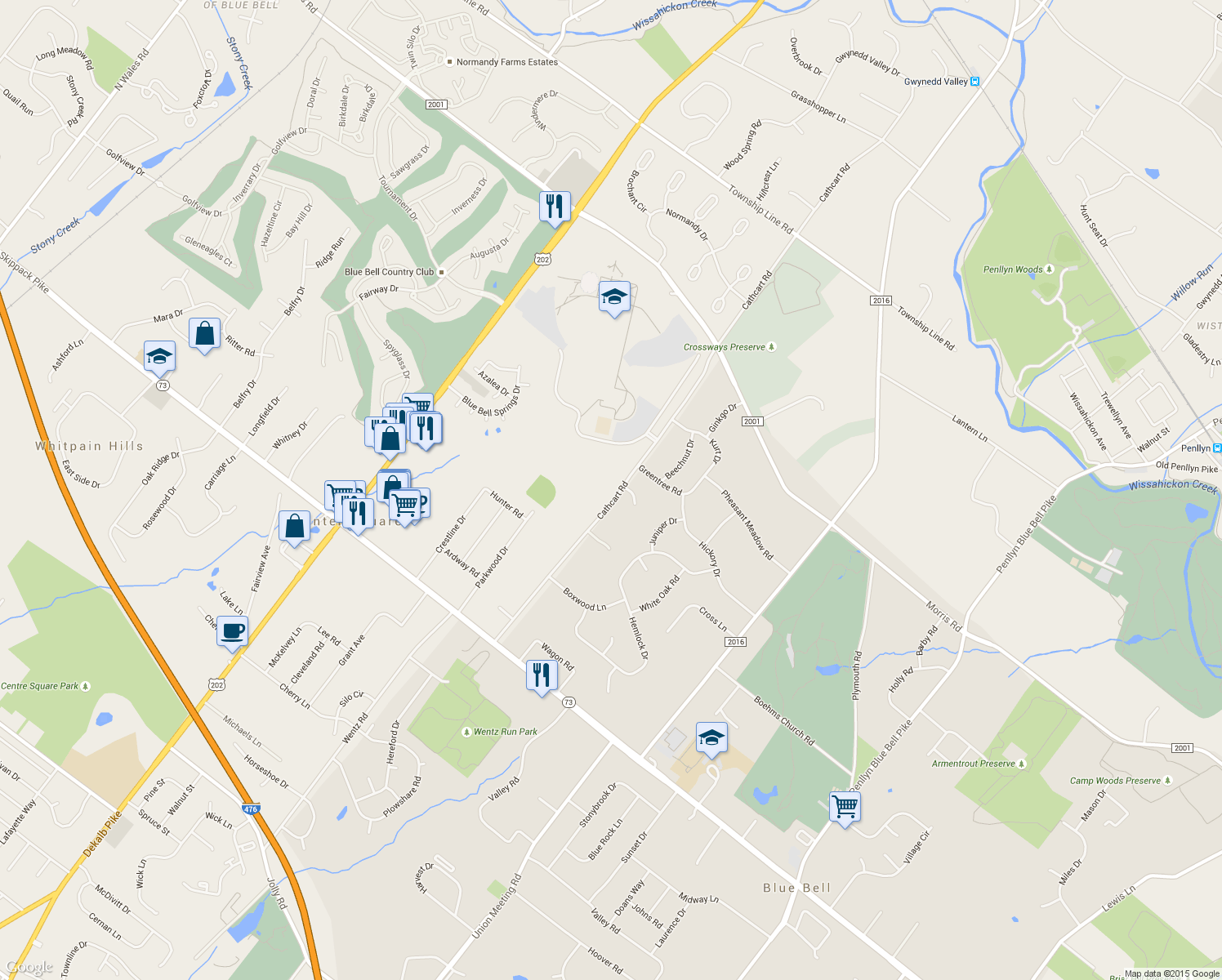 map of restaurants, bars, coffee shops, grocery stores, and more near 613 Cathcart Rd in Blue Bell