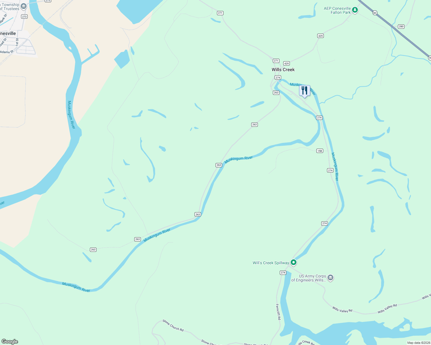 map of restaurants, bars, coffee shops, grocery stores, and more near 14830 Township Road 263 in Conesville