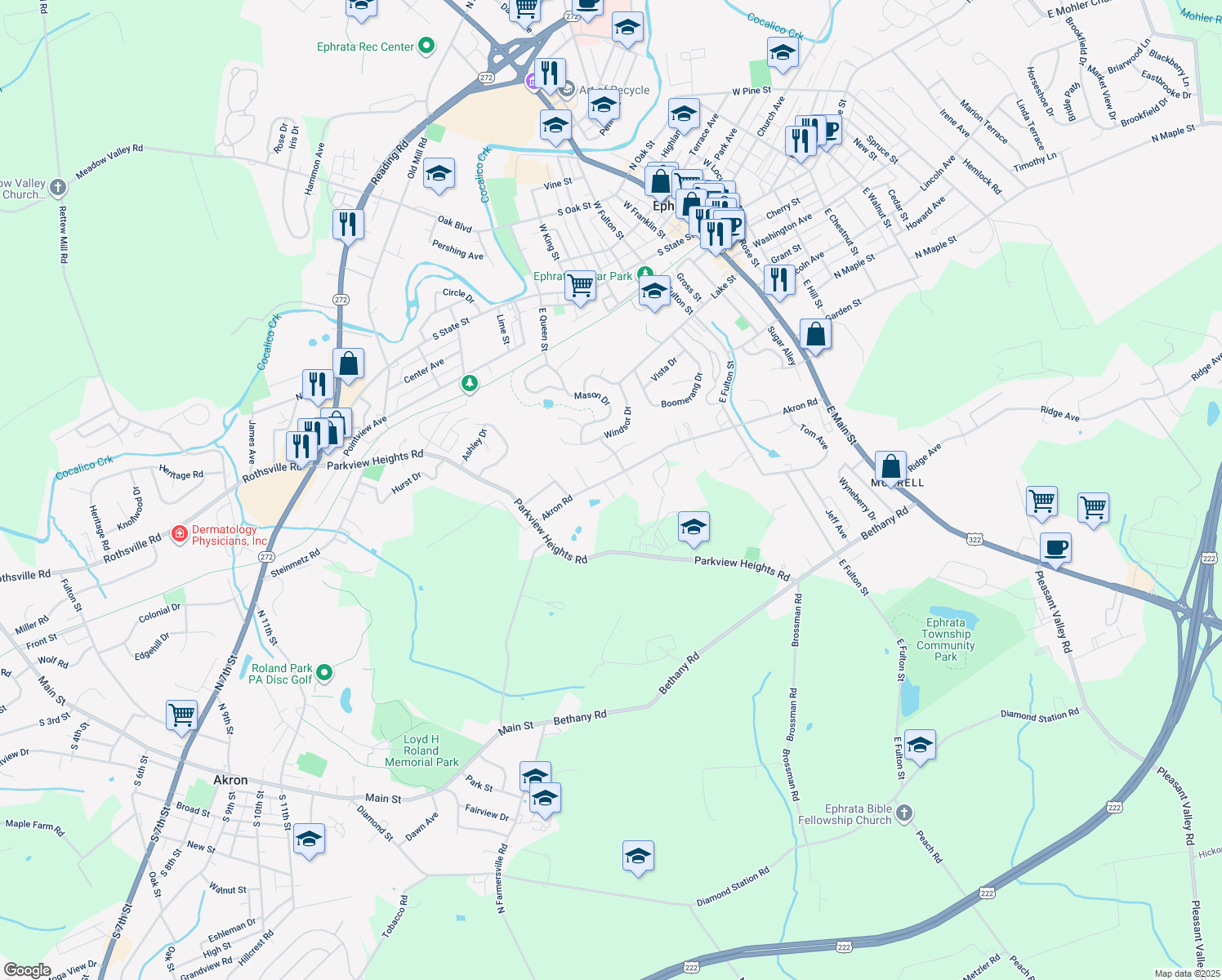 map of restaurants, bars, coffee shops, grocery stores, and more near 220 Akron Rd in Ephrata